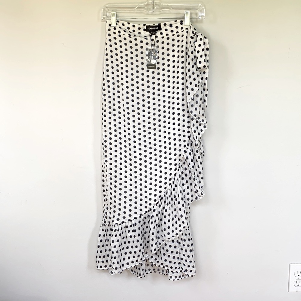 Express White Blue and Black Polka Dot Maxi Ruffle Wrap Skirt